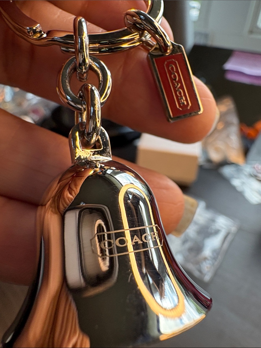 COACH Rare Vintage Polished Silver Bell Keychain with Red Tag - NWOT